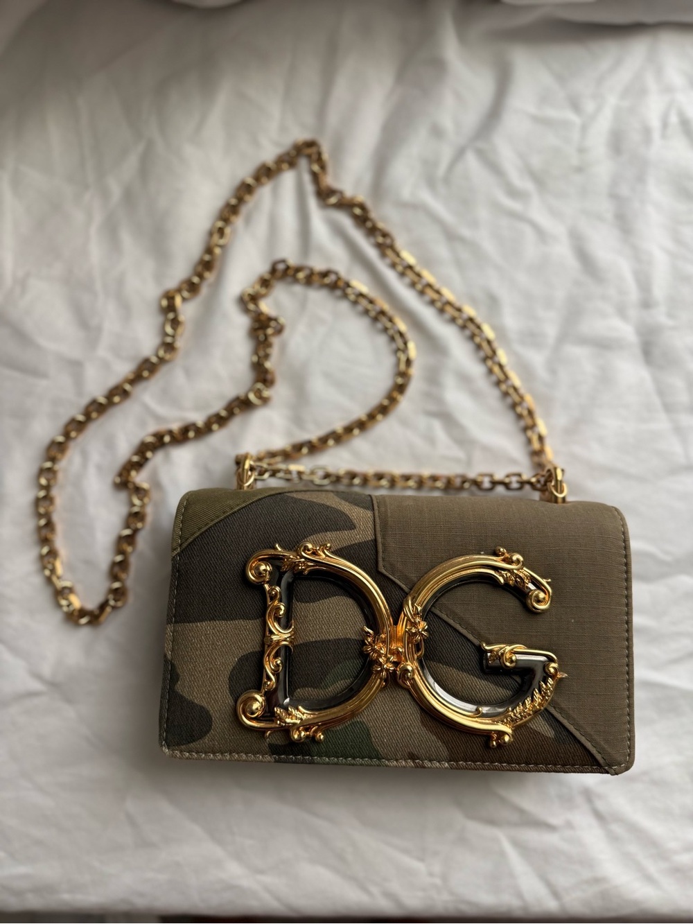 Dolce & Gabbana DG Girls Camouflage Patchwork Baroque Logo Chain Crossbody Bag